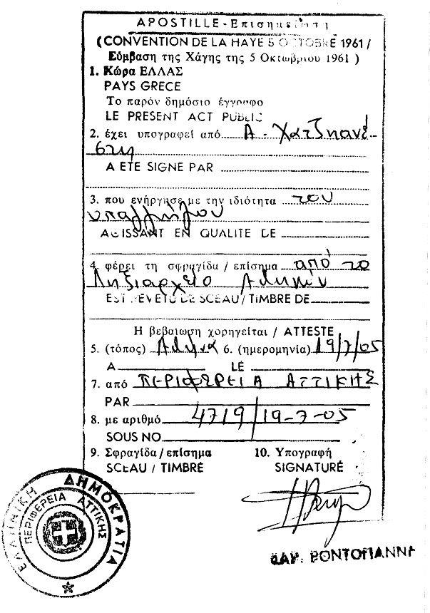 An apostille certificate, illustrating what an apostille looks like