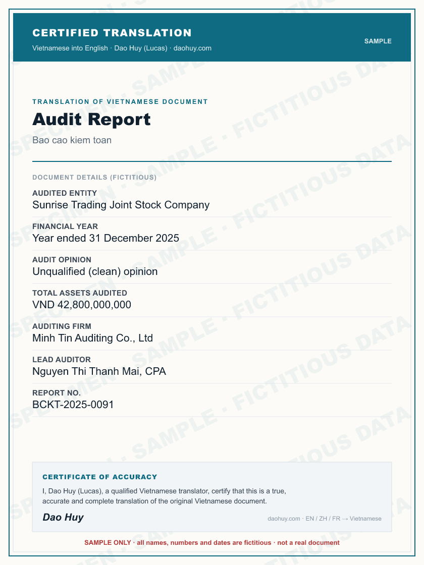 Specimen certified English translation of a Vietnamese Audit Report (sample, fictitious data)