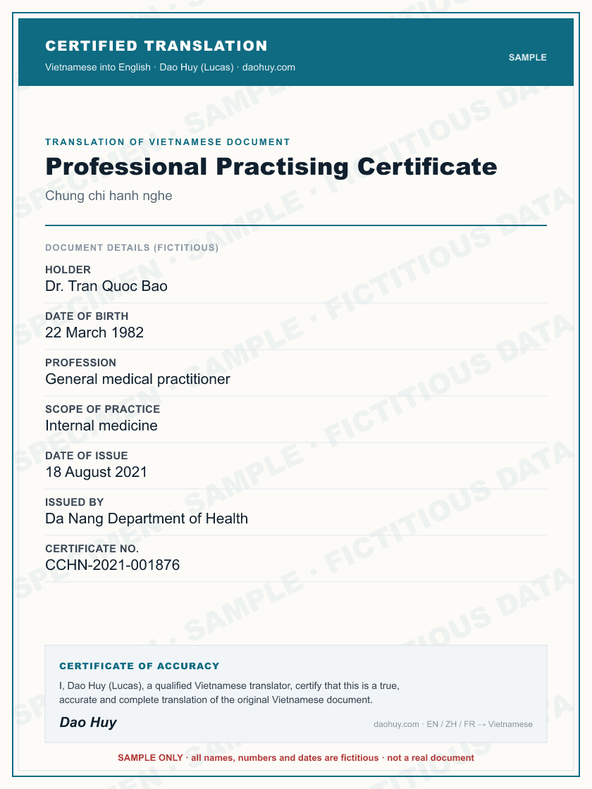 Specimen certified English translation of a Vietnamese Professional Practising Certificate (sample, fictitious data)
