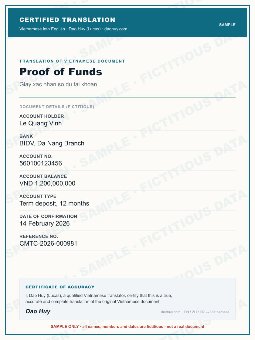 Specimen certified English translation of a Vietnamese Proof of Funds (sample, fictitious data)