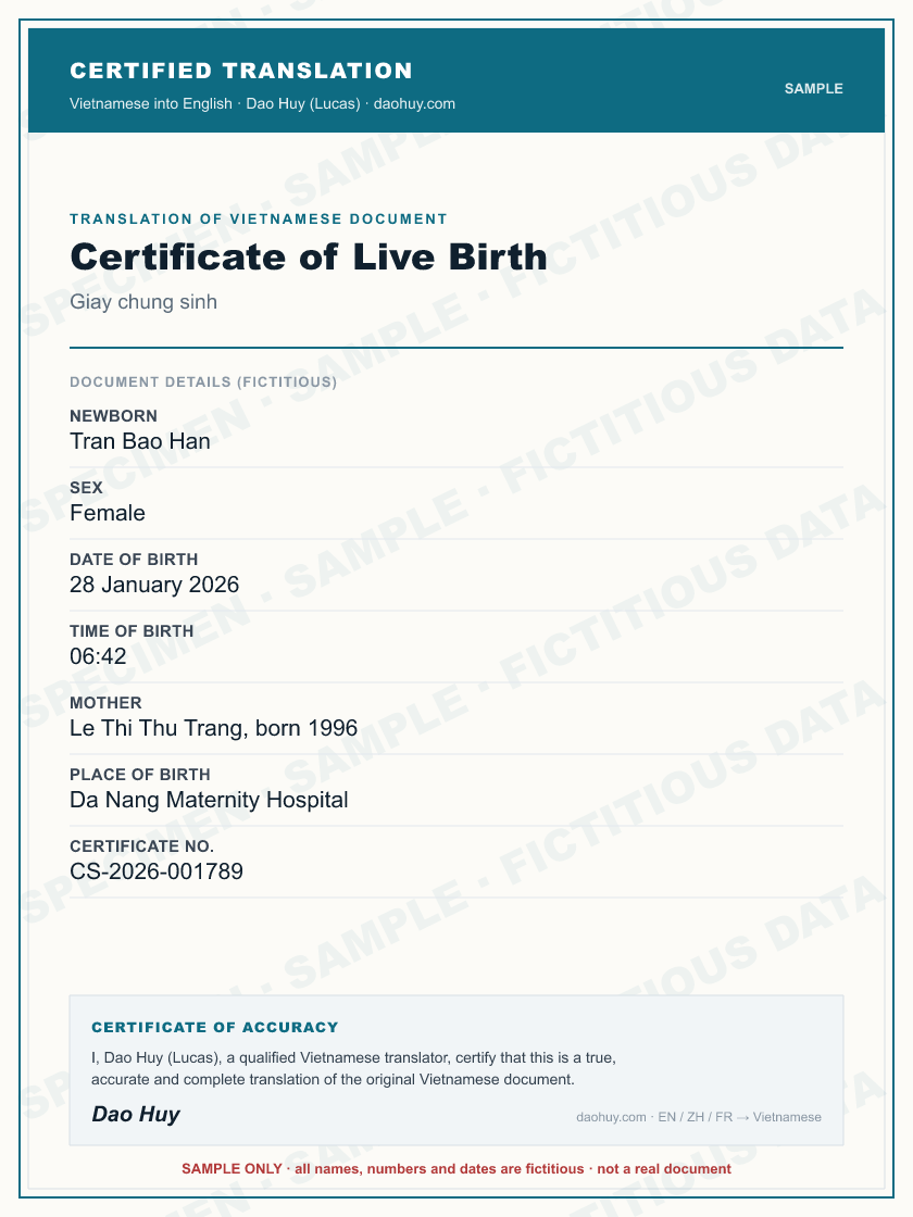 Specimen certified English translation of a Vietnamese Certificate of Live Birth (sample, fictitious data)
