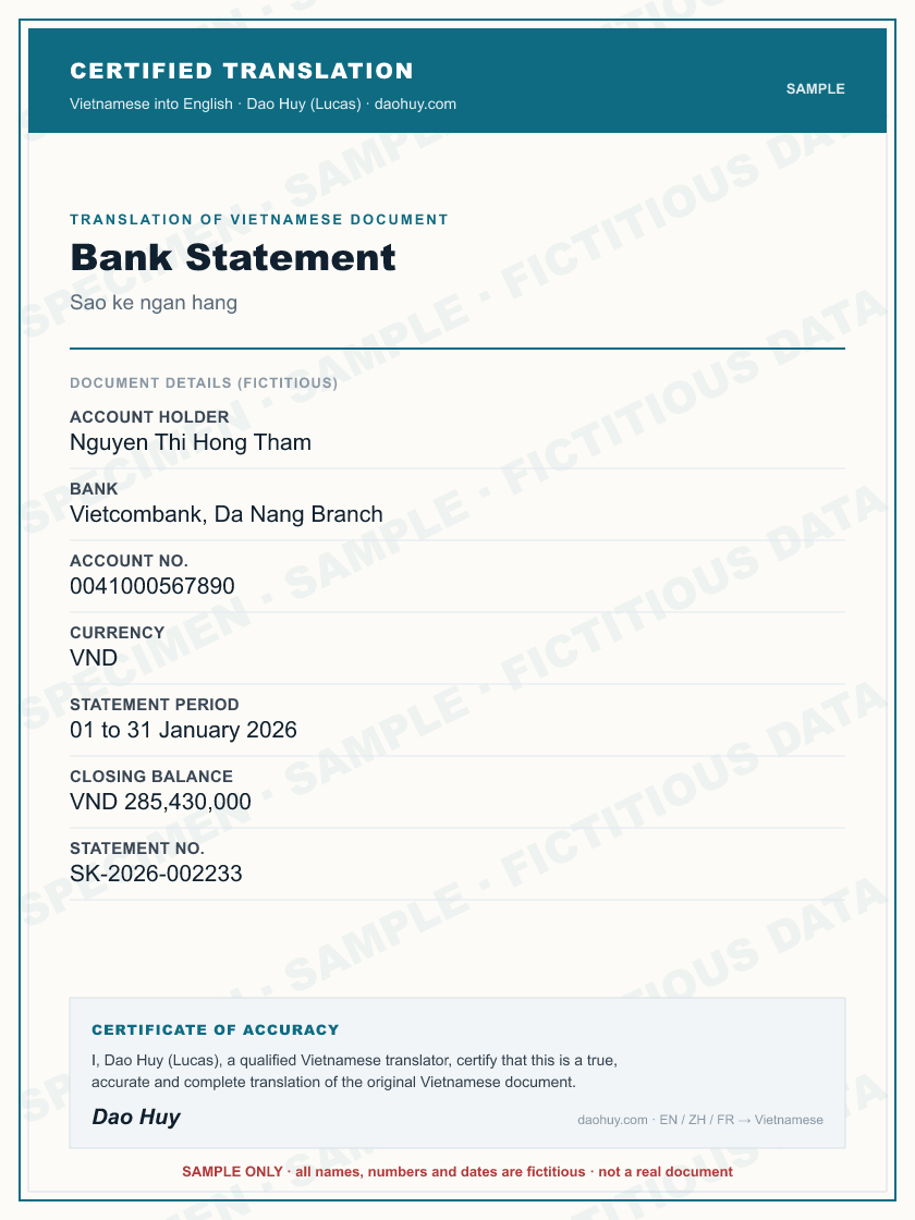 Specimen certified translation of a Vietnamese document (sample)