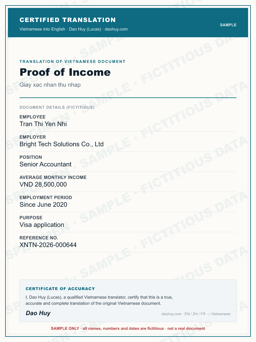 Specimen certified English translation of a Vietnamese Proof of Income (sample, fictitious data)